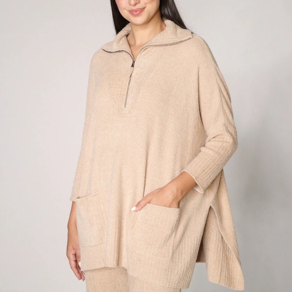 Barefoot Dreams Sweaters - Barefoot Dreams | Cozy Chic Lite Half Zip Poncho Soft Camel Chenille Sweater S/M